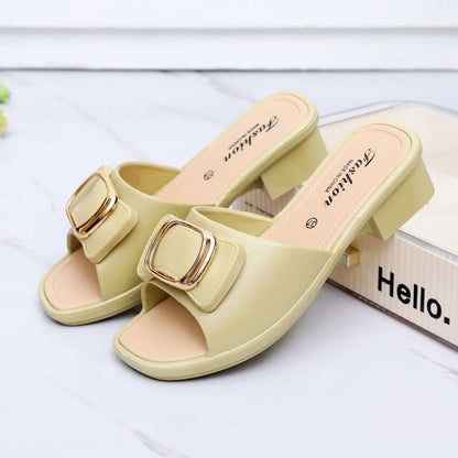 Women's Chunky Heel High Heel Summer Slippers with Buckle - Korean Style Outdoor Beach Shoes