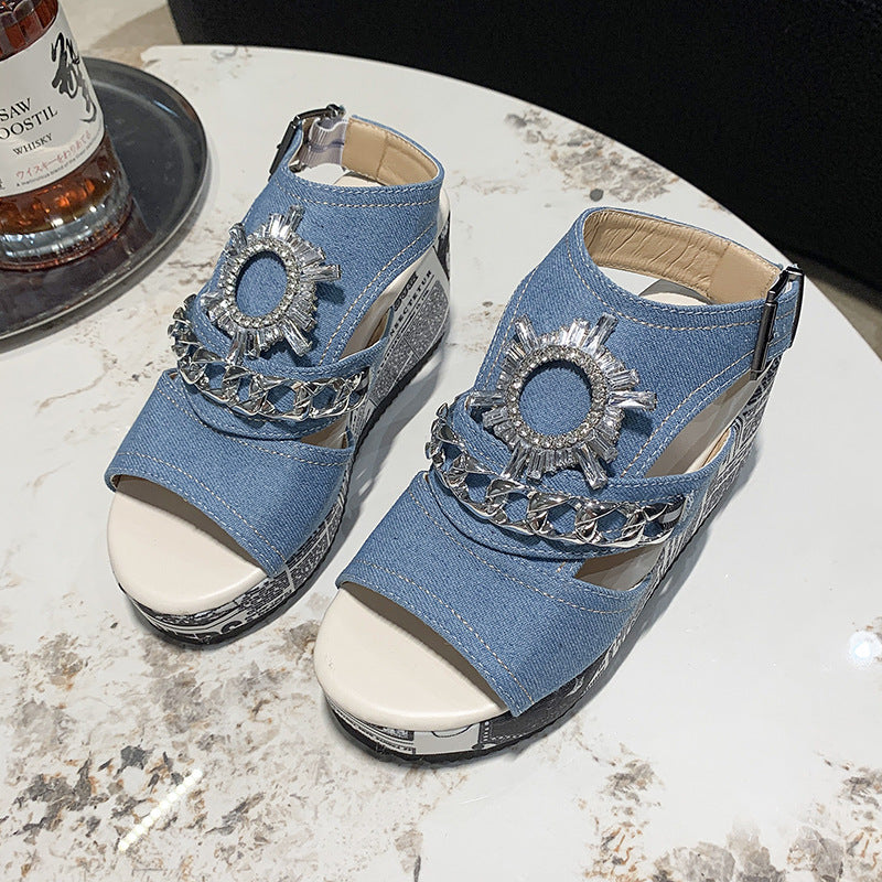 Fashionable Wedge Denim Sandals with Round Toe, Peep Toe, and Rhinestone High Heels – Comfortable and Stylish