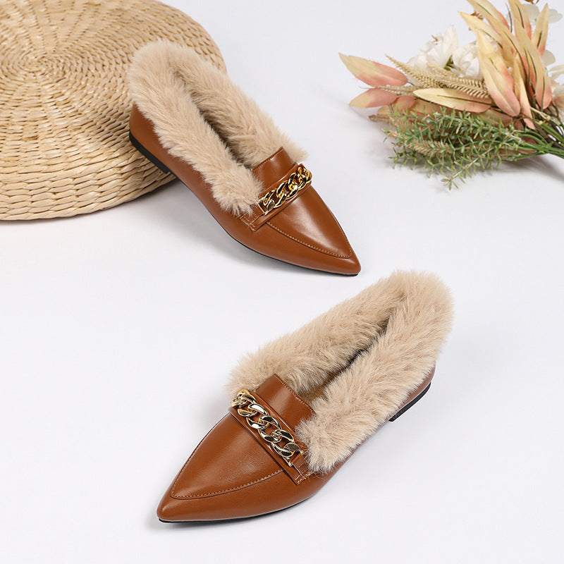 Plus Size Fluffy Shoes with Pointed Toe and Horsebit Buckle Detail