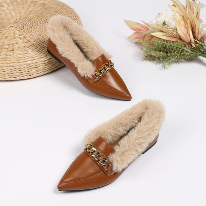 Plus Size Fluffy Shoes with Pointed Toe and Horsebit Buckle Detail