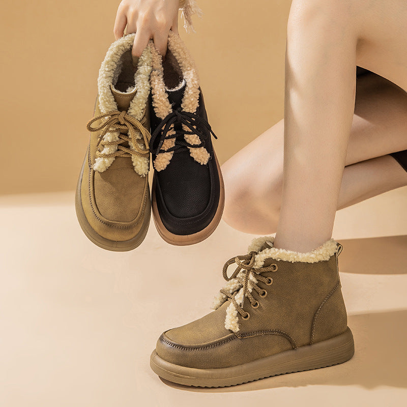 Women's Lace-Up Plush Snow Boots – Winter Warm Fleece Flat Shoes, Fashionable Casual Ankle Boots