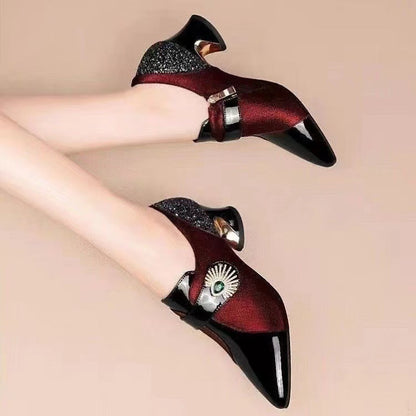 Women's Fashion Rhinestone Mid Heel Deep Mouth Pumps in Soft Leather