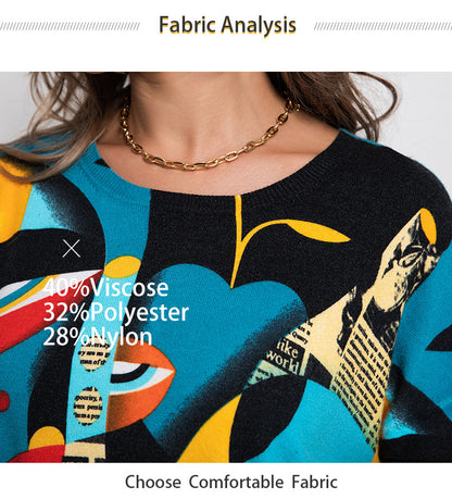 Printed Round Neck Pullover Knitted Sweater