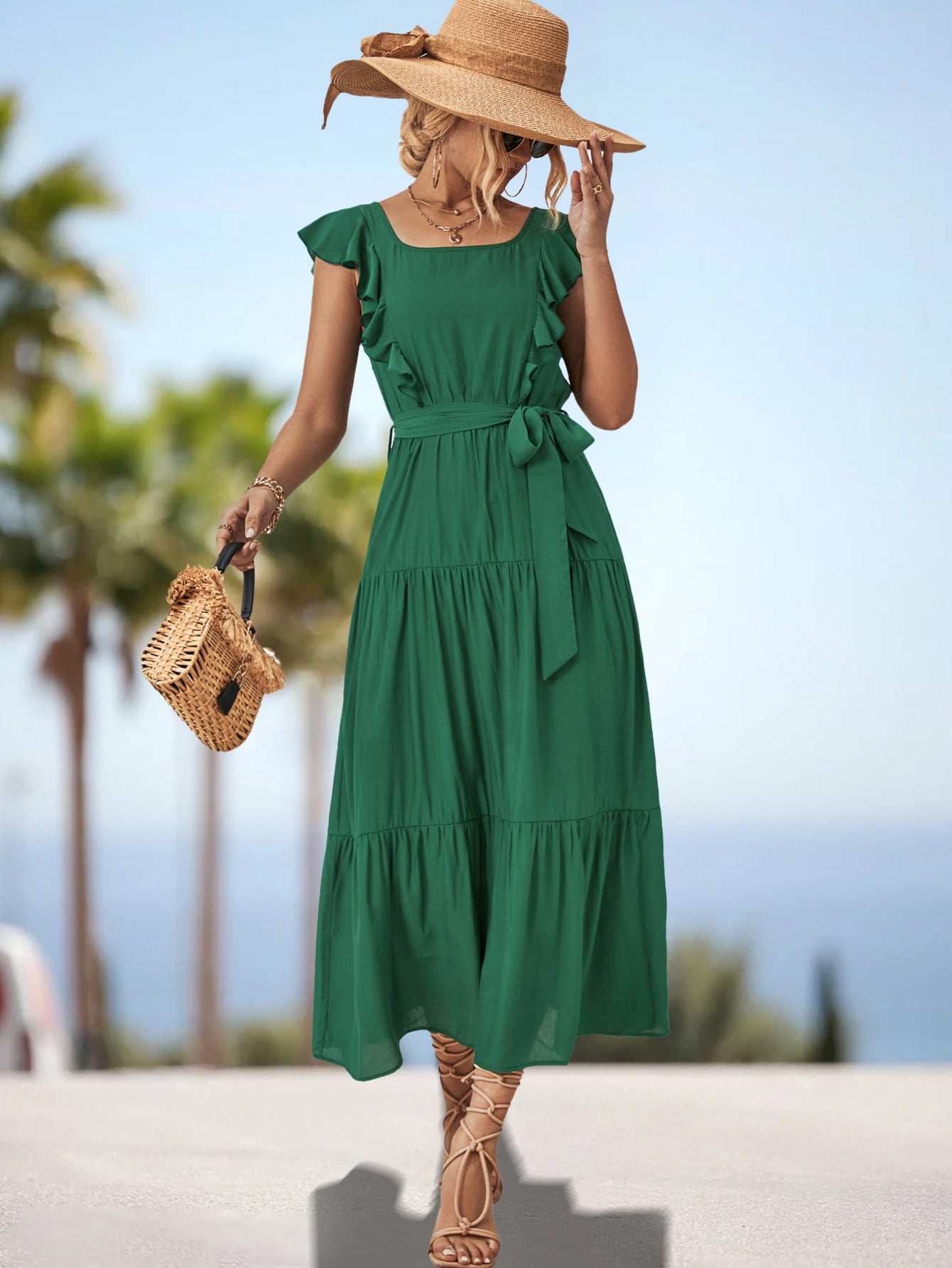 Square Collar Ruffled Dress for European and American Style