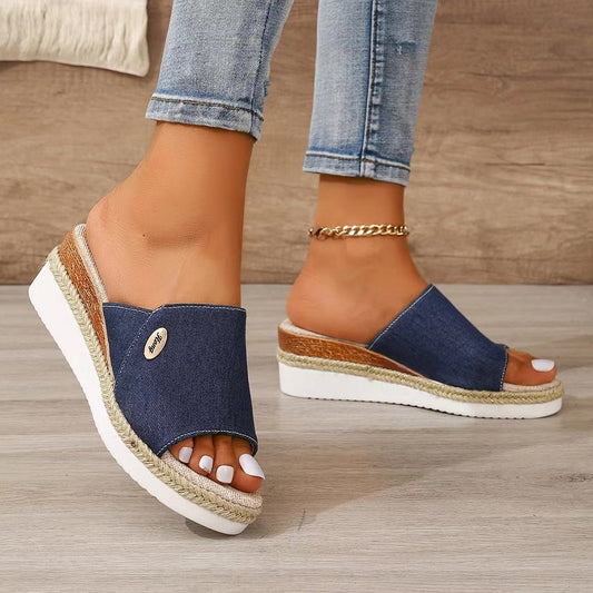 Women's Denim Canvas Wedges Sandals, Summer Fashion with Hemp High Heel Slippers