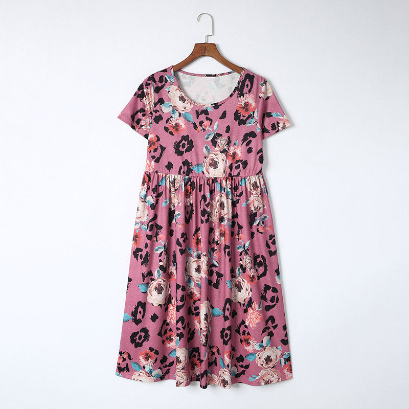 Leopard Print Floral Short Sleeve Dress for Women with Waist Control