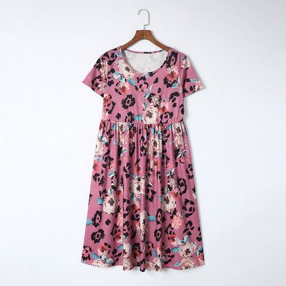 Leopard Print Floral Short Sleeve Dress for Women with Waist Control