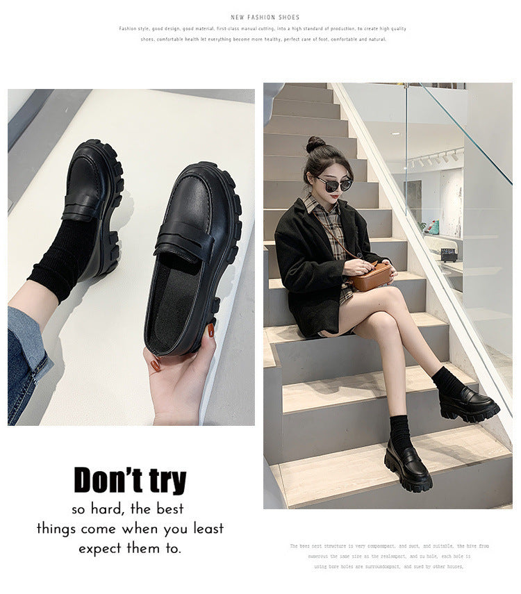 Women's Black Thick Heel Versatile Leather Shoes