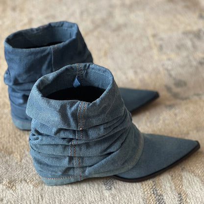 Thickened And Fashionable Pleated Denim Short Boots For Women