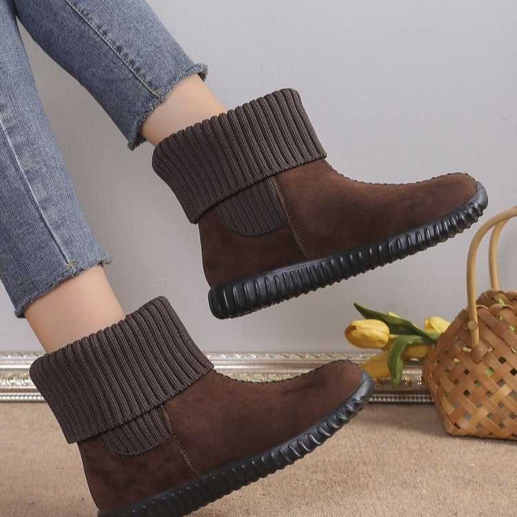 Winter Fashion Flat Ankle Boots for Women – Comfortable Reversible Knitted Design Snow Boots