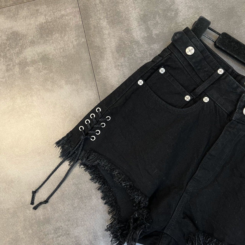 Lace-up Frayed Cross Flower & Pattern Sweet Cool Denim Shorts For Women