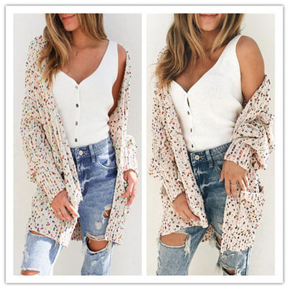 Color Dot Cardigan Long Sleeve Pocket Sweater