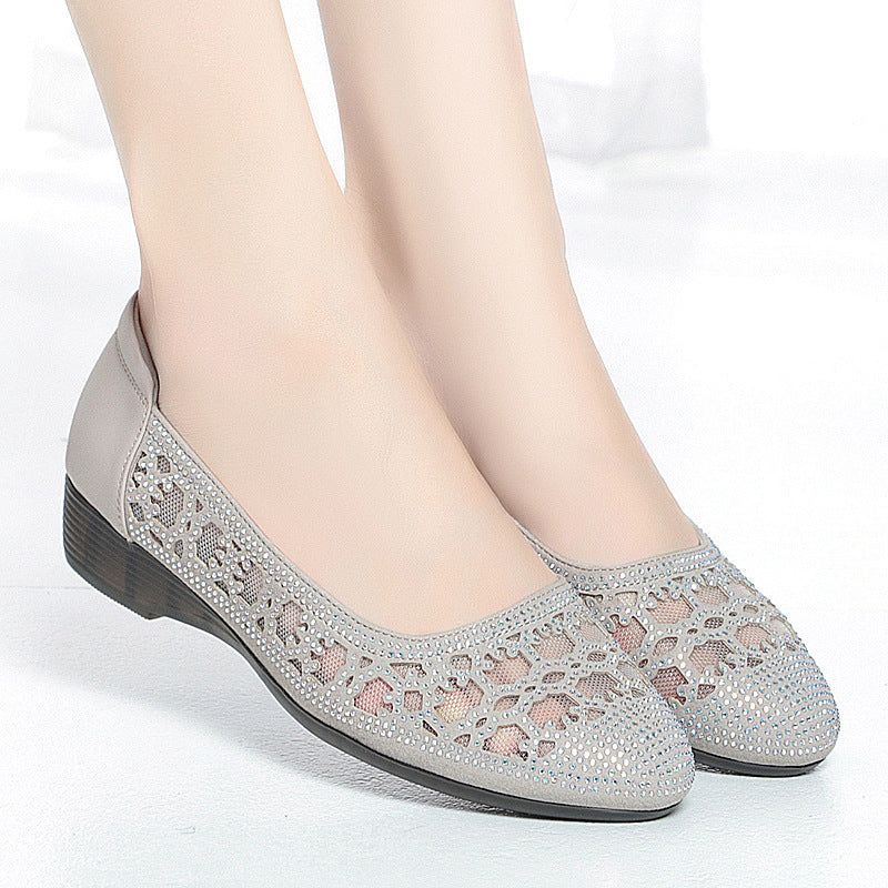 Women's Leather Low Heel Sandals with Perforated Design for Breathability