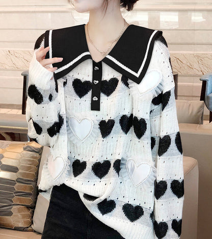 Printed Sweater with Doll Collar - Women's Fashion