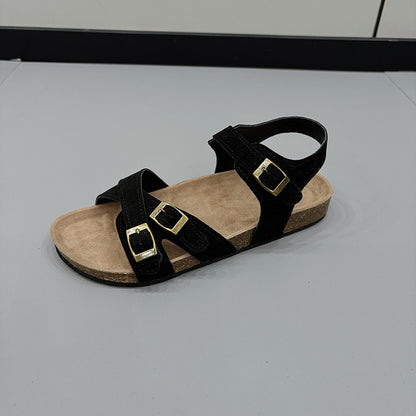 Women's Large Size Flat Bottom Casual Slippers with Belt Buckle Cross Straps