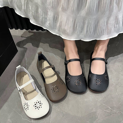 Retro Soft Leather Flat Hole Shoes with Buckle - Hollowed Leisure Design