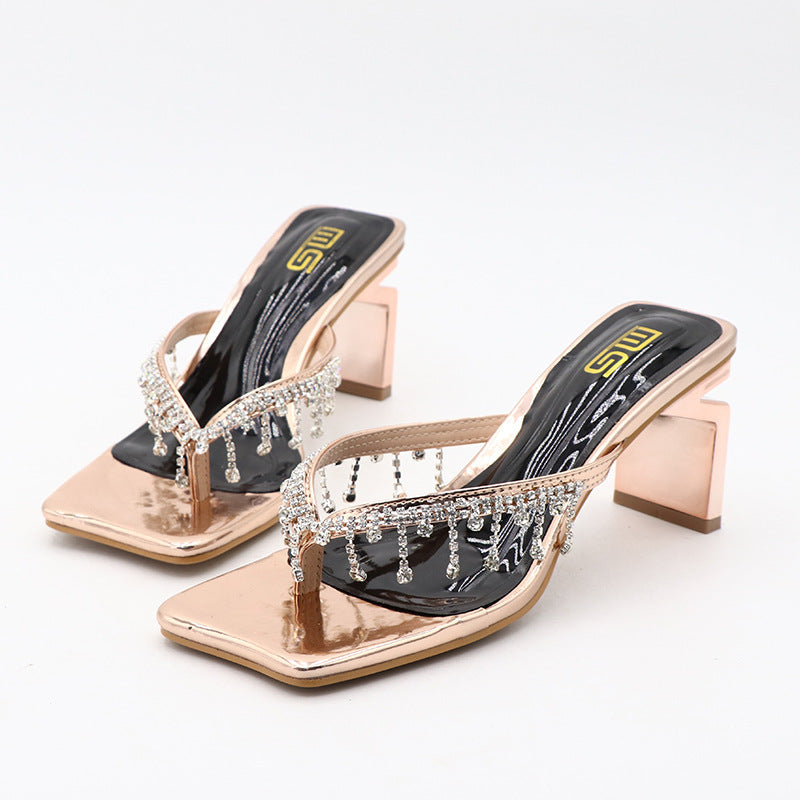 Women's Square-Toe Rhinestone Chunky Heel Sandals - High-Heeled