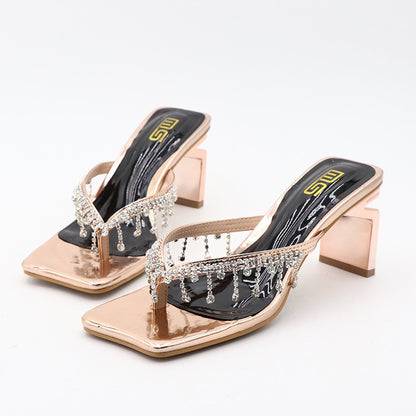 Women's Square-Toe Rhinestone Chunky Heel Sandals - High-Heeled