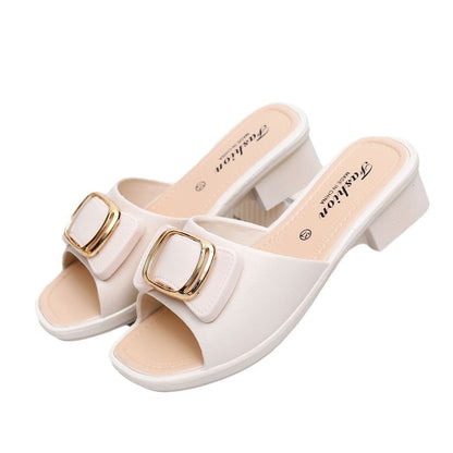 Women's Chunky Heel High Heel Summer Slippers with Buckle - Korean Style Outdoor Beach Shoes