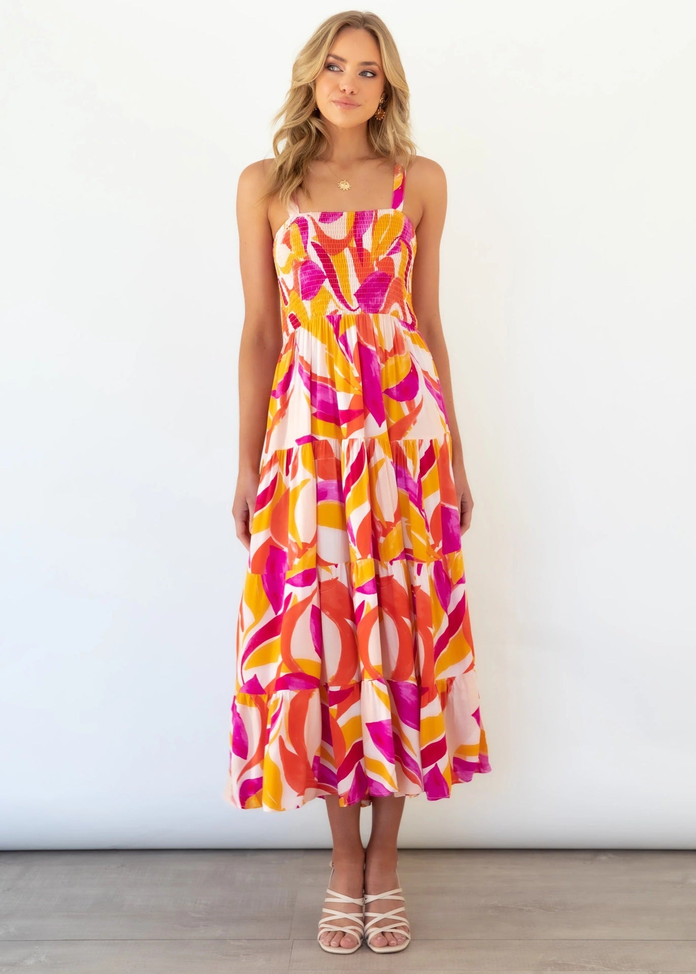 Floral Print Pleated Dress with Sexy Spaghetti Straps