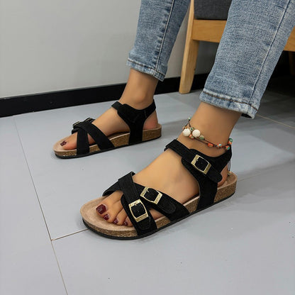 Women's Large Size Flat Bottom Casual Slippers with Belt Buckle Cross Straps