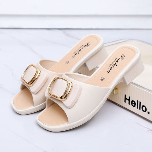 Women's Chunky Heel High Heel Summer Slippers with Buckle - Korean Style Outdoor Beach Shoes