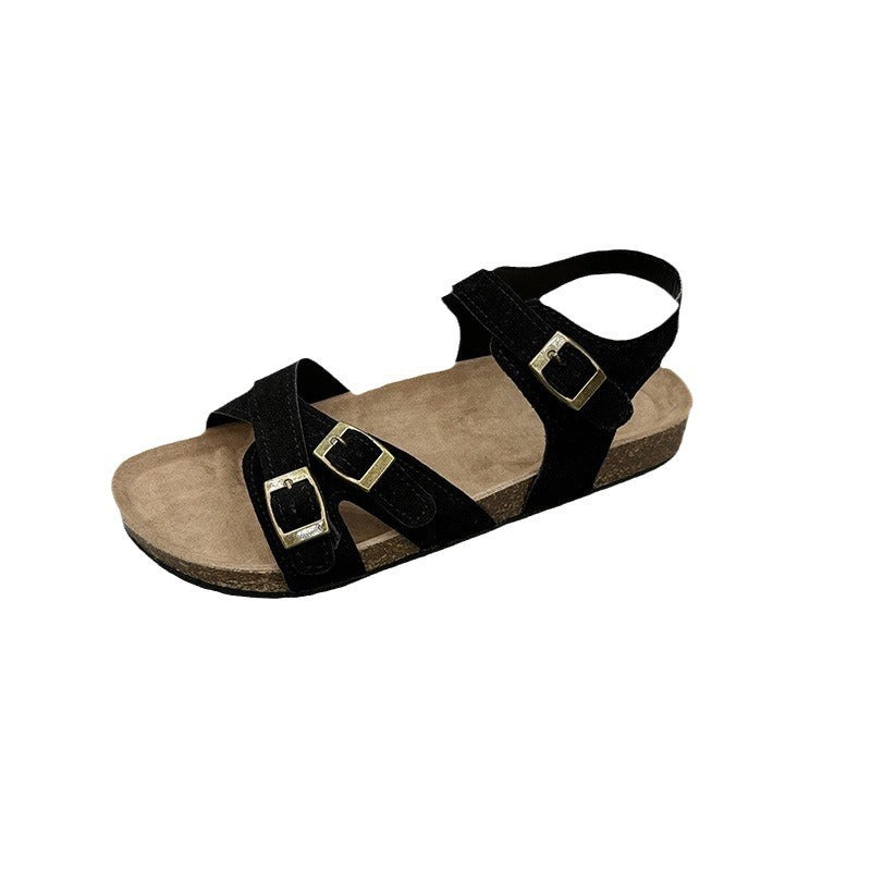 Women's Large Size Flat Bottom Casual Slippers with Belt Buckle Cross Straps