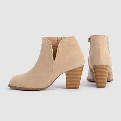 Women's V-Cut Side Zipper Suede Chunky Heel Ankle Boots with Round Toe