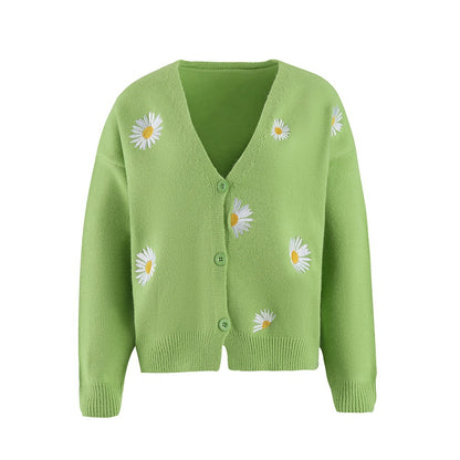 Women's Single Breasted Sweater Chrysanthemum Embroidered Cardigans Coat