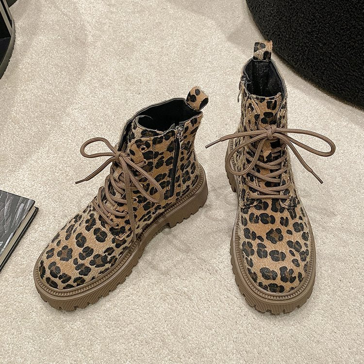 Plus Size Leopard Print Lace-Up Martin Boots with Thick Bottom