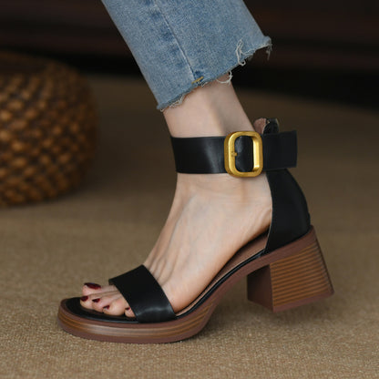 British Style Retro Chunky Heel Strap Sandals