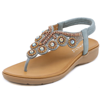 Women's Bohemian Beaded Sandals – Rhinestone Buckle Design