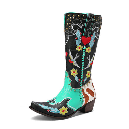 Women's Denim Western Leather Boots with Exquisite Embroidery