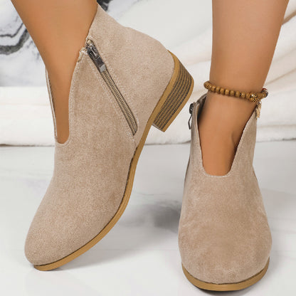 Fashion Suede V-Cut Ankle Boots with Side Zipper and Round Toe