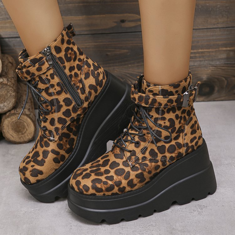 Plus Size Leopard Print Platform Height-Increasing Martin Boots