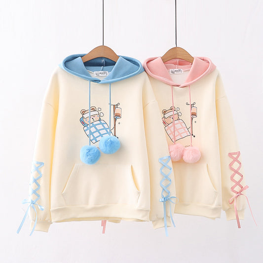 Women's Cartoon Printed Color Matching Fleece Thickened Sweater