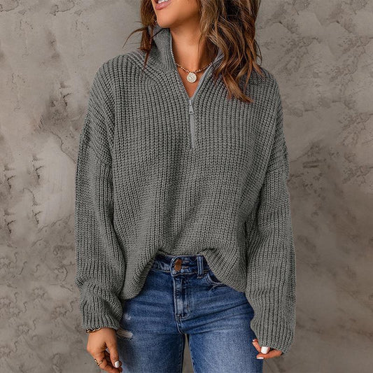 Solid Color Loose Turtleneck Sweater with Half Open Collar