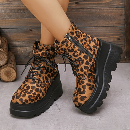 Plus Size Leopard Print Platform Height-Increasing Martin Boots