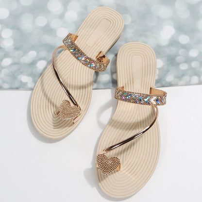 Minimalist Flat Rhinestone Heart-shaped Flip-flops