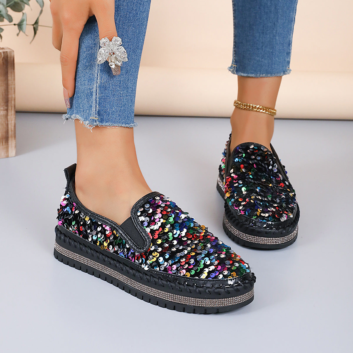 Round Toe Color-Blocking Sequin Flats for Women