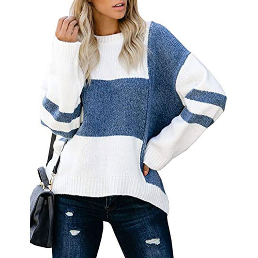 Round Neck Pullover Sweater with Contrast Stitching