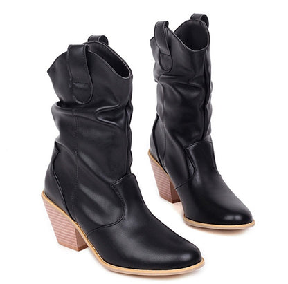 Wood Grain Thick High-Heeled Boots for Women: Autumn and Winter Style