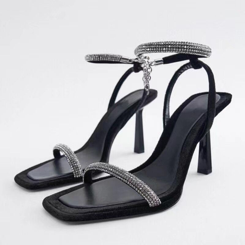 Square Toe Rhinestone Stiletto Sandals for Women