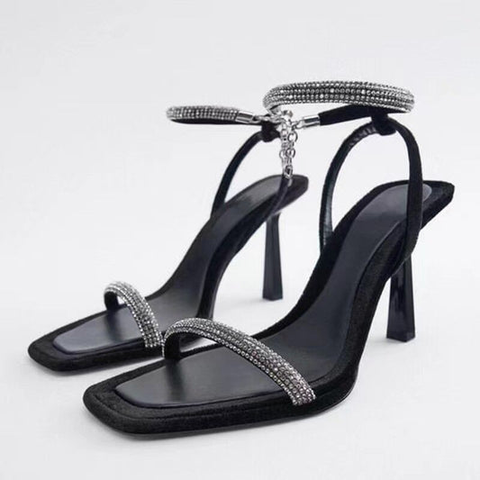 Square Toe Rhinestone Stiletto Sandals for Women