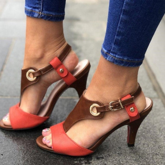 Peep Toe Buckle Closure Thin Mid-Heel Sandals