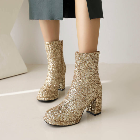 Sequined Chunky Heel Ankle Boots with Side Zipper and Thick High Heels