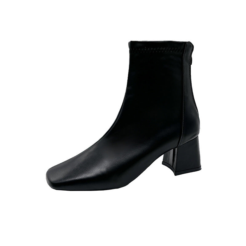 Chunky Heel Short Boots with Square Toe and Back Zip, European and American Style