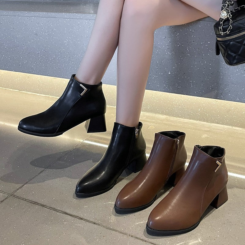 Round Head Chunky Heel Solid Color Women's Short Martin Boots - European and American Style