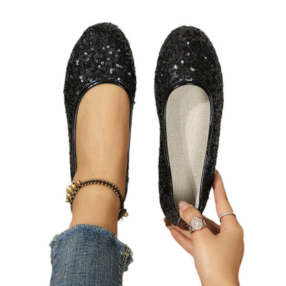 Round Head Shallow Mouth Sequin Flat Bottom Pumps for Women in Large Size