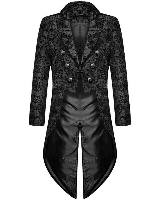 Gothic Steampunk Tail Jacket for Men: Black Brocade Wedding Coat